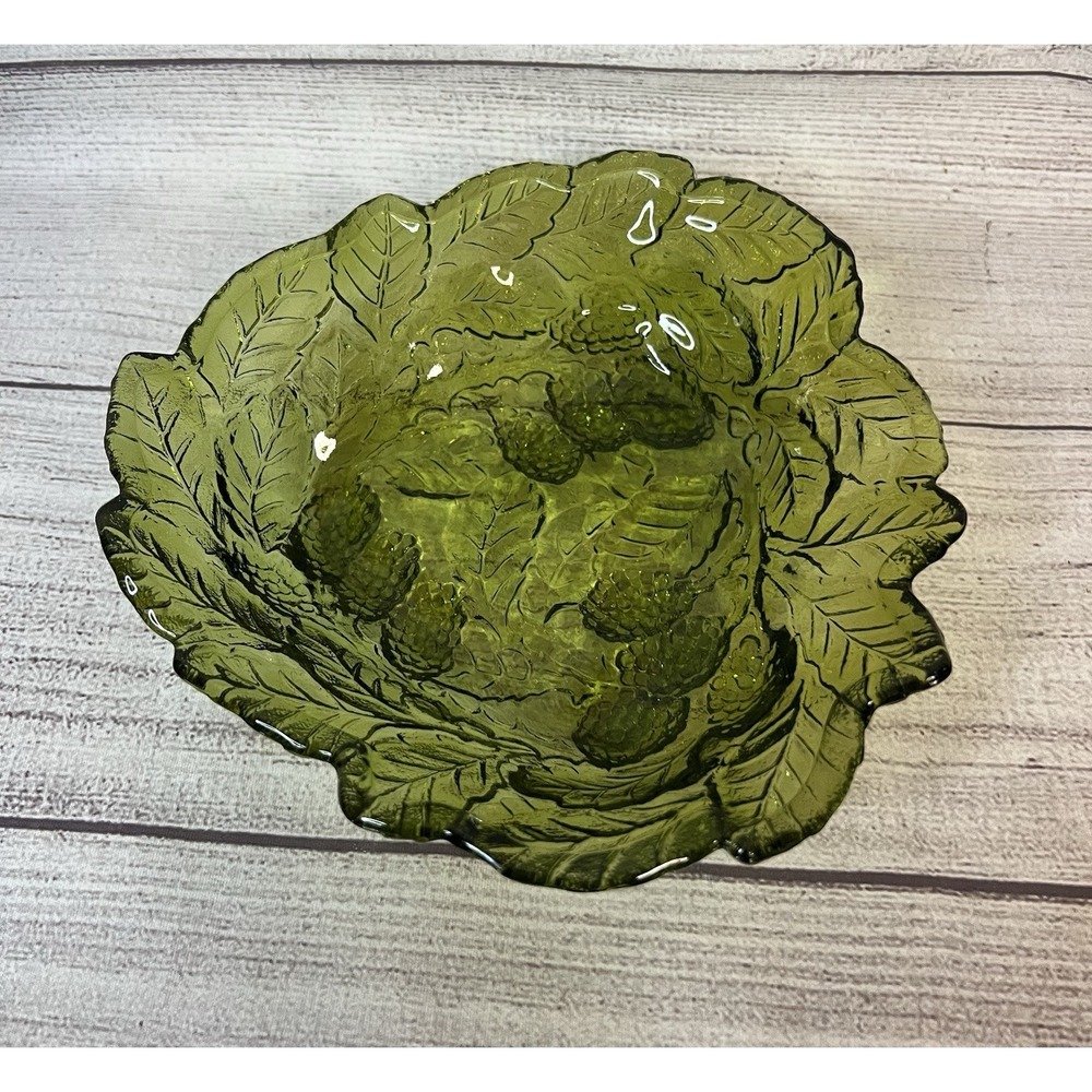 Vintage Green Indiana Glass Loganberry &‎ Leaf Pattern Candy Trinket Dish Bowl